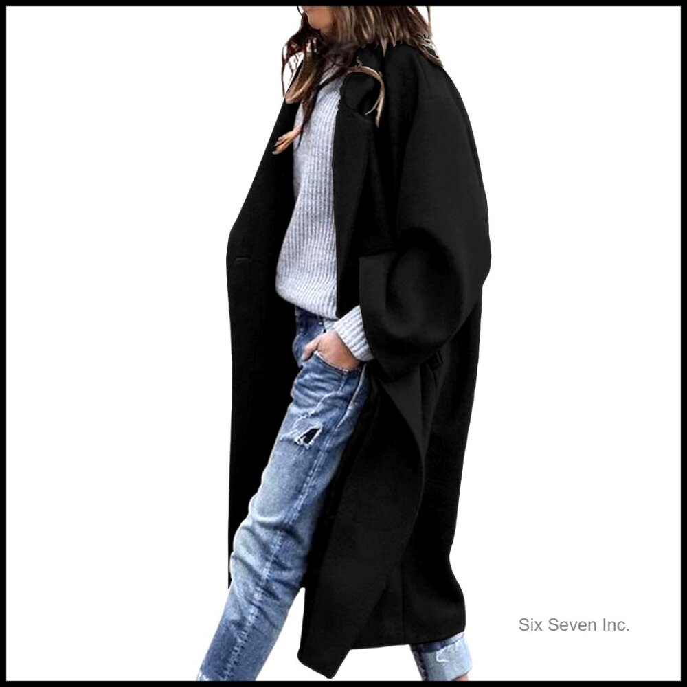 Polyester Wool Blend Pea Coat Notch Lapel Single Breasted Knee Length